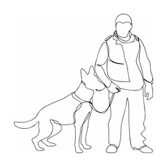 Minimalist line drawing illustrating a police officer with a german shepherd dog
