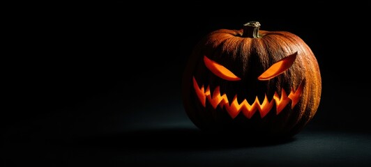 Fototapeta premium The glowing jack-o-lantern with a sinister expression in darkness