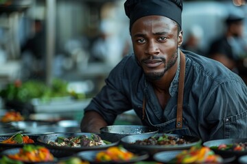 This image features a dedicated chef focusing intently on preparing beautiful dishes, embodying culinary art, passion, and the essence of fine dining.