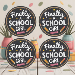 Four circular labels with colorful pencils, backpacks, and hand lettering 'Finally a School Girl' — perfect for first day of school gifts and classroom decor.