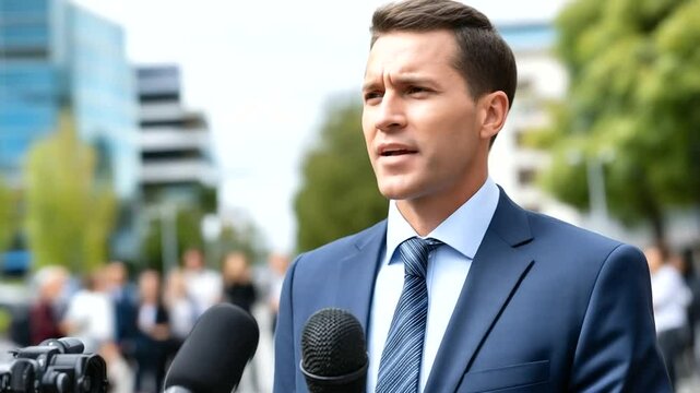 A formal press briefing scene with a suited man speaking confidently, enveloped by recording devices and a softly blurred crowd of reporters, exuding the rhythm of contemporary new