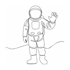 Line art astronaut illustration waving with hand on a minimalist white background