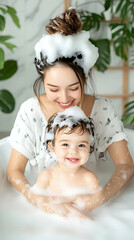 Mom bathing baby in bubbly bath, plants