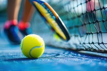 Close-up of a tennis ball and racket during a game on a vibrant blue court, with blurred player in the background.