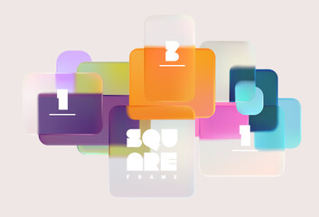 Transparent geometric squares and rectangles in liquid glass style. Abstract poster design.