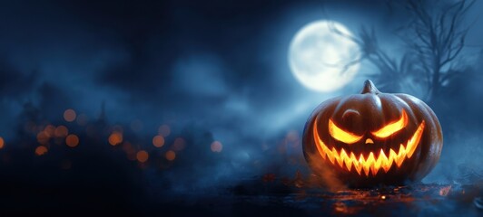 Naklejka premium The glowing pumpkin illuminates a spooky Halloween night scene.