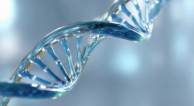 A smooth transition of blue and white hues in the background with a light green glass DNA double helix.	
