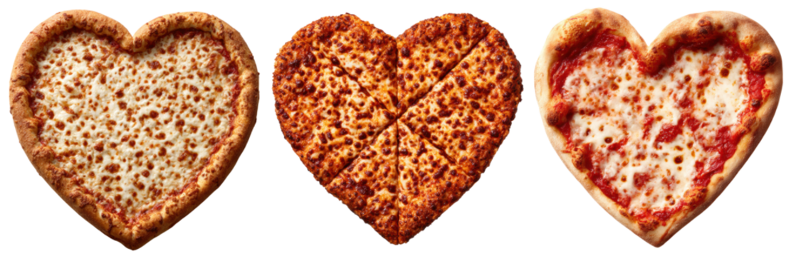 Three heart-shaped pizzas with different cheese and topping styles, showcasing unique and appetizing variations.