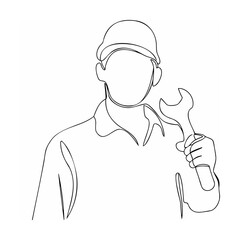 Line drawing of a construction worker holding a wrench isolated on white background