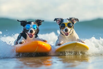 Two Dogs Surfing With Sunglasses