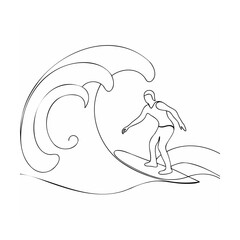 Surfer riding a large wave in a continuous line art drawing against white background