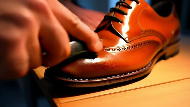 Polished brown leather brogue shoe being cared for