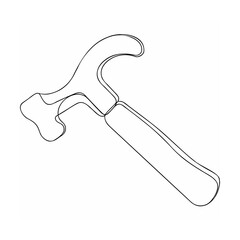 Continuous line drawing of a hammer tool on white background for construction
