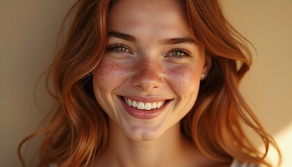 Close-up Portrait of a Smiling Woman with Freckles and Red Hair