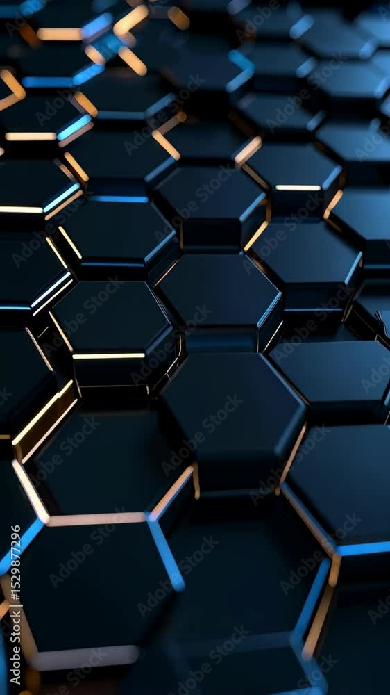 Poster close-up of dark blue hexagonal pattern with glowing neon lines forming a 3d geometric structure for