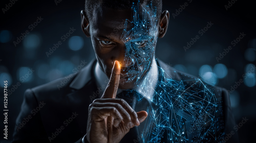Poster cybersecurity concept business man shows how to protect cyber technology network from attack by hack