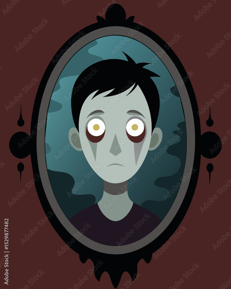 Poster the mirror shows a distorted image of myself with dark polluted eyes and a sneering grin.. vector il