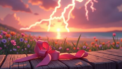 Pink Ribbon at Sunset on Wooden Dock