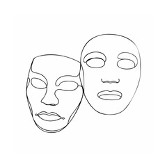 Minimalist line art illustration depicting two theatre masks in black and white
