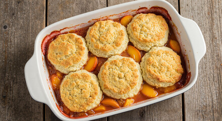 Top-down view of fresh peach cobbler with golden biscuit topping in white ceramic baking dish on rustic wooden table under bright natural light