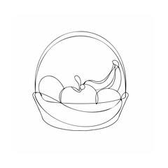 Minimalist line art illustration of a fruit basket featuring apples bananas and oranges