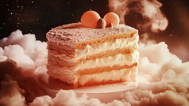 Delicious cake slice in cloudscape presentation, creamy layer cake concept with frosting delight