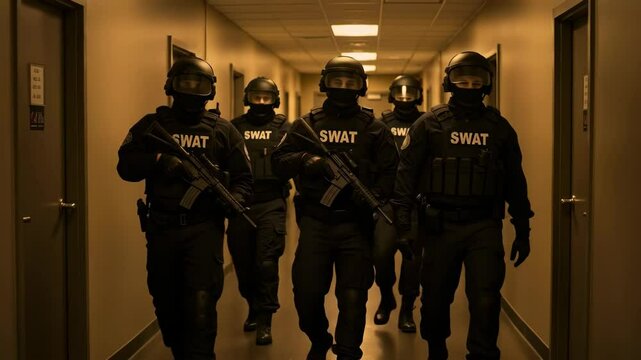 Tactical SWAT team in full gear advancing through corridor and weapons drawn. Law enforcement operation in progress. Security, emergency response . Special operations for high-risk situation