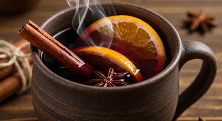 Close-up of steaming mulled wine in rustic ceramic mug with cinnamon and orange peel, cozy wooden background in soft natural light, holiday lifestyle style