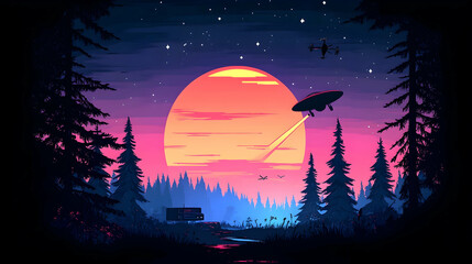 UFO Night Forest Sunset Beam