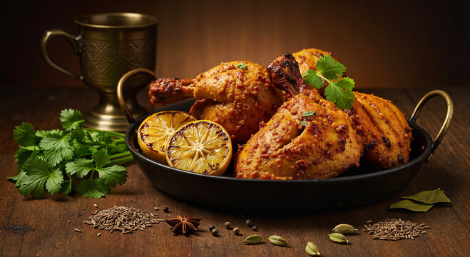 Gourmet tandoori chicken with grilled lemon, fresh coriander, and roasted cumin pods on rustic wooden surface in warm golden glow, cozy cultural dining ambiance