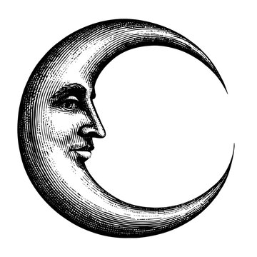 Anthropomorphic crescent moon with a face in a vintage woodcut style in black and white