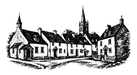 Obraz premium Old-world European street in a vintage woodblock style, black and white.