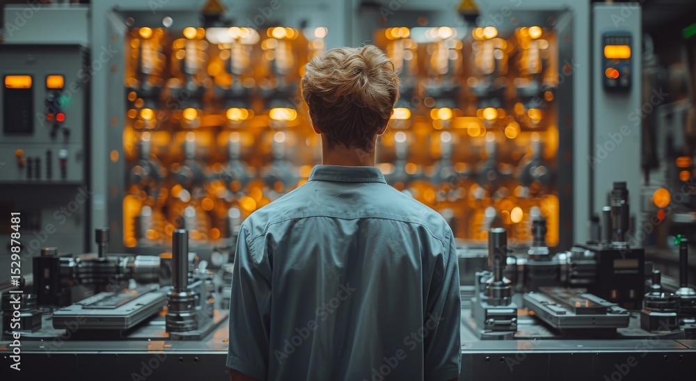 Aufkleber a young engineer stands before a complex machine in a high-tech environment, illustrating dedication