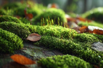 Obraz premium Lush Green Moss With Autumn Leaves Close Up