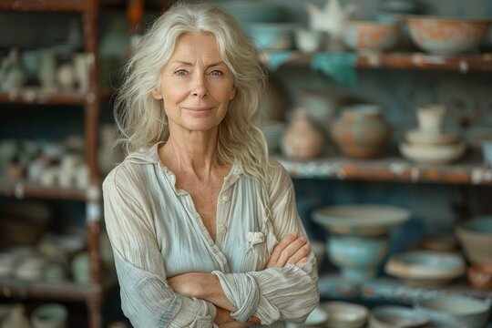 A dignified portrait of an older woman standing confidently in a pottery workshop, symbolizing wisdom, experience, and the artistry behind handcrafted ceramics. - Powered by Adobe
