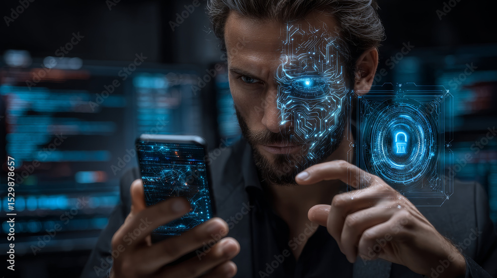Poster cybersecurity concept business man shows how to protect cyber technology network from attack by hack