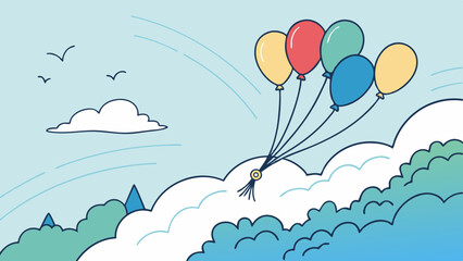 Colorful balloons floating above clouds, whimsical vector illustration, childhood joy and adventure theme