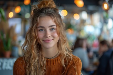 Fototapeta premium A cheerful young woman with curly hair and a friendly smile enjoys her time in a vibrant cafe, perfectly capturing the essence of youth and happiness in a colorful setting.