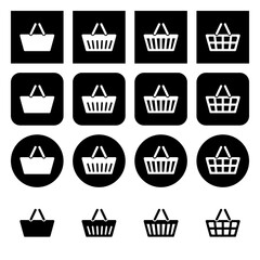 Set of shopping basket icons. Set of black and white round and square icons.