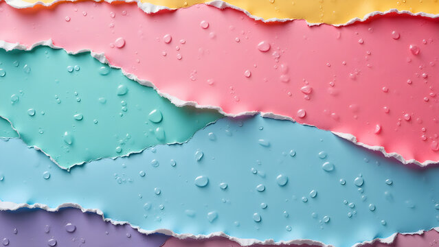 Vibrant Torn Paper Layers with Water Droplets for Creative Design and Posters
