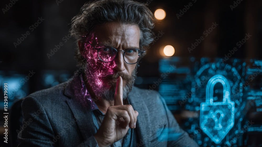Poster cybersecurity concept business man shows how to protect cyber technology network from attack by hack