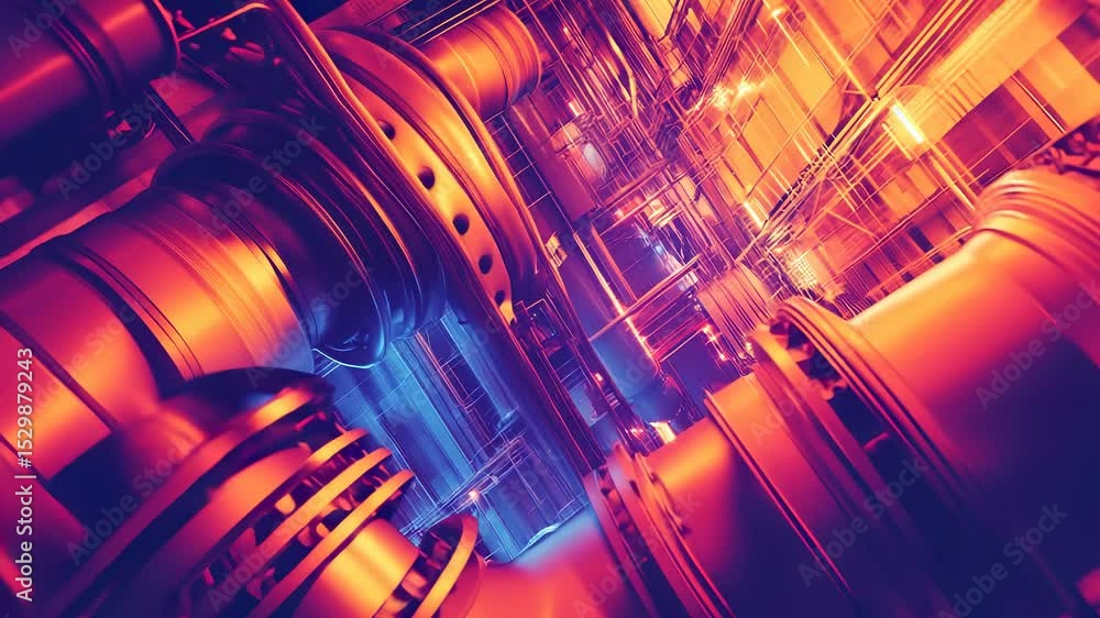 Poster Abstract Mechanical System with Complex Piping and Structures in Red and Blue