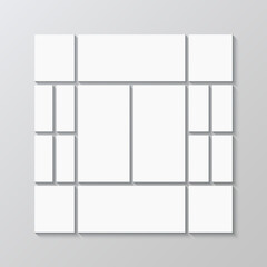 Portfolio images square layout. Photo collage mockup. Mood board background. Gallery banner template. Photo collage square layout. Mosaic moodboard picture frame. Vector illustration