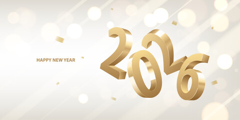Happy new year 2026 background. Golden shiny numbers on a white background with golden confetti. Holiday greeting card design.