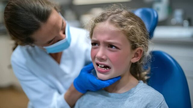 A pediatric dentist examines a young girl with puffy cheeks and downturned eyes, gently checking her sore tooth while the child flinches in discomfort