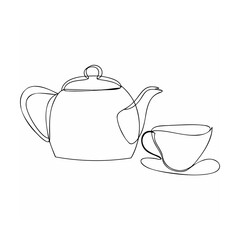 Simple minimalist line drawing of teapot and teacup illustrating coffee or tea culture