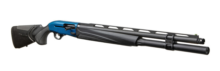 Modern semi-automatic shotgun with a blue receiver and black synthetic furniture, shown in perspective view on white back