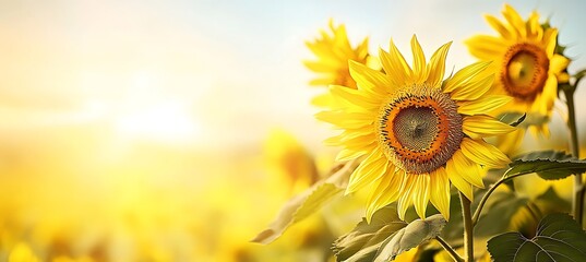 Fototapeta premium A vibrant sunflower field with a clear sky and gentle breeze