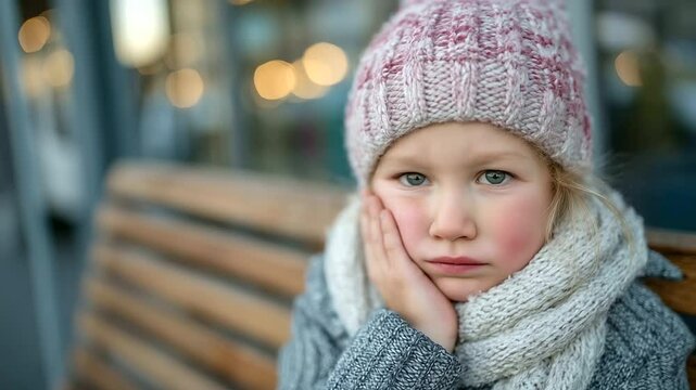A distressed child in warm winter clothes sits on a bench outside a clinic, her face red from pain and cold, cheeks puffed out as she holds her jaw tightly