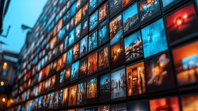 A wall of many small screens displaying various images
